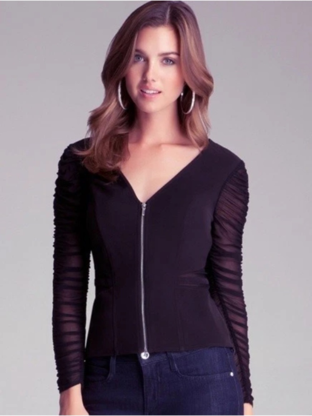 New Bebe black mesh long sleeve zipper front ruched v neck top xs